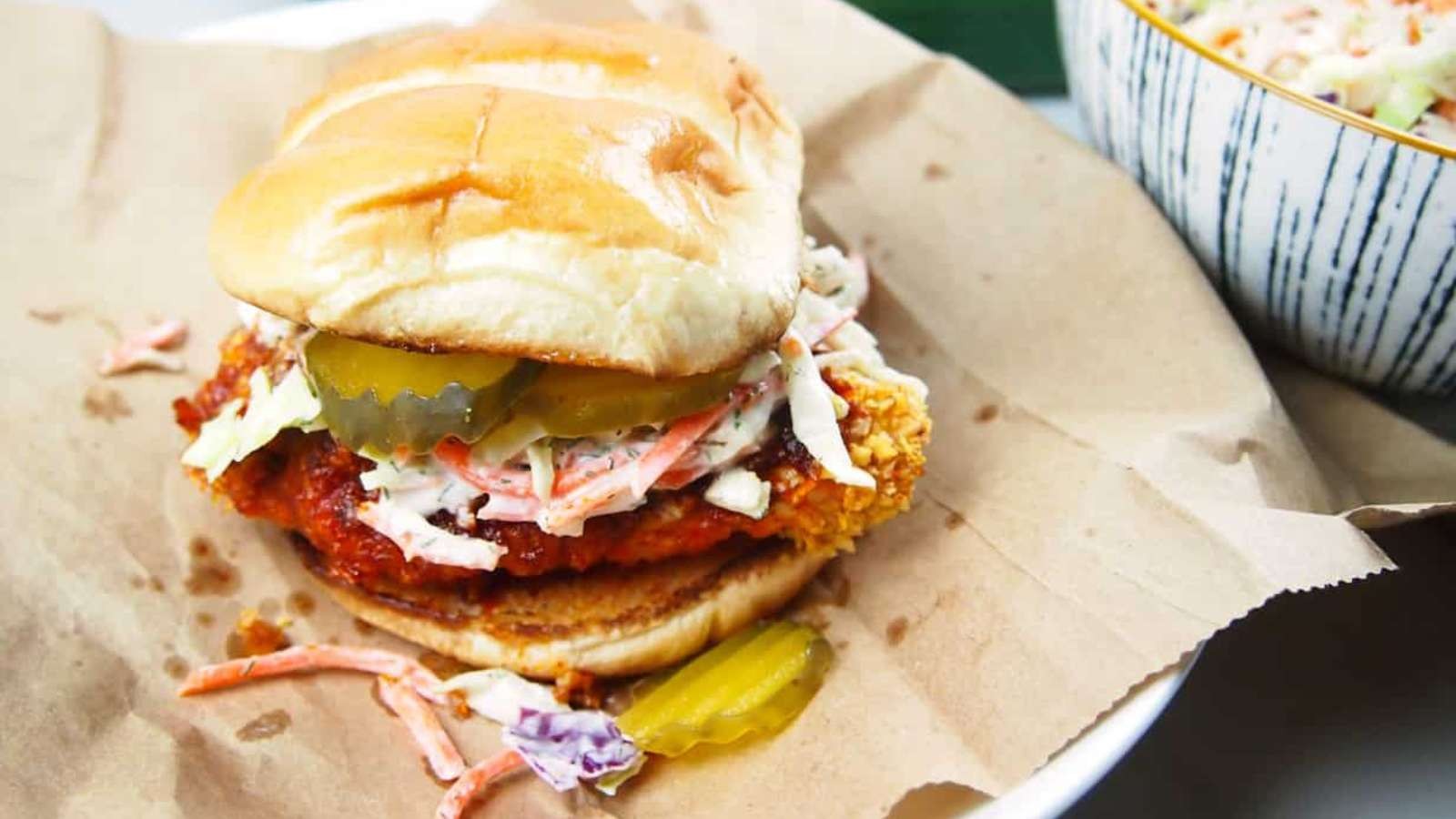 Nashville-Style Oven Fried Hot Chicken Sandwich With Dill Slaw