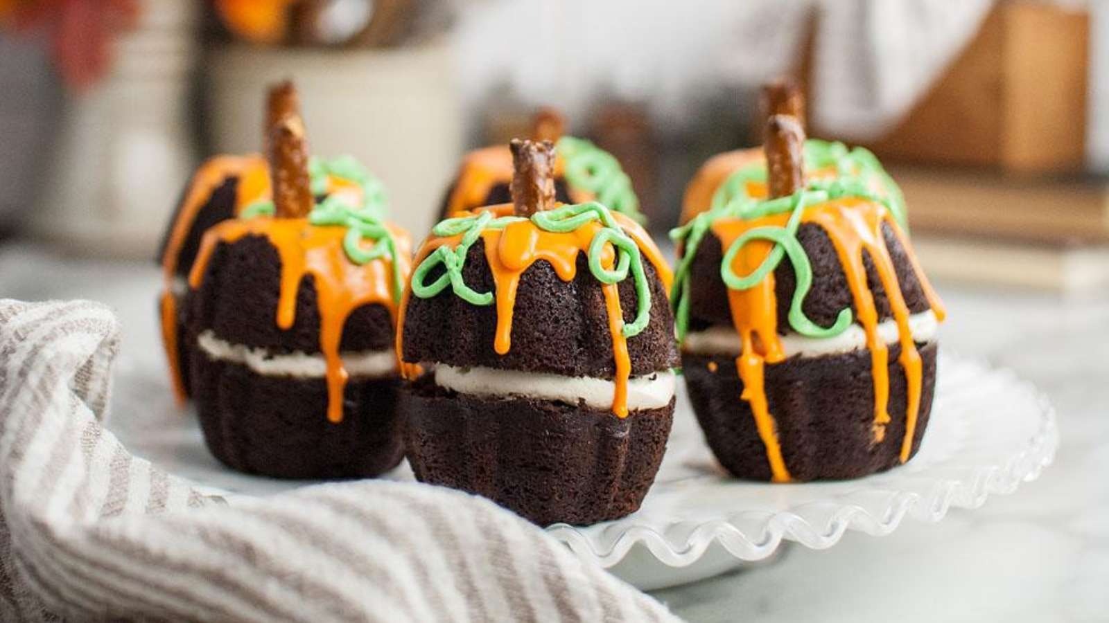 Dark Chocolate Pumpkin Shaped Mini Bundt Cakes