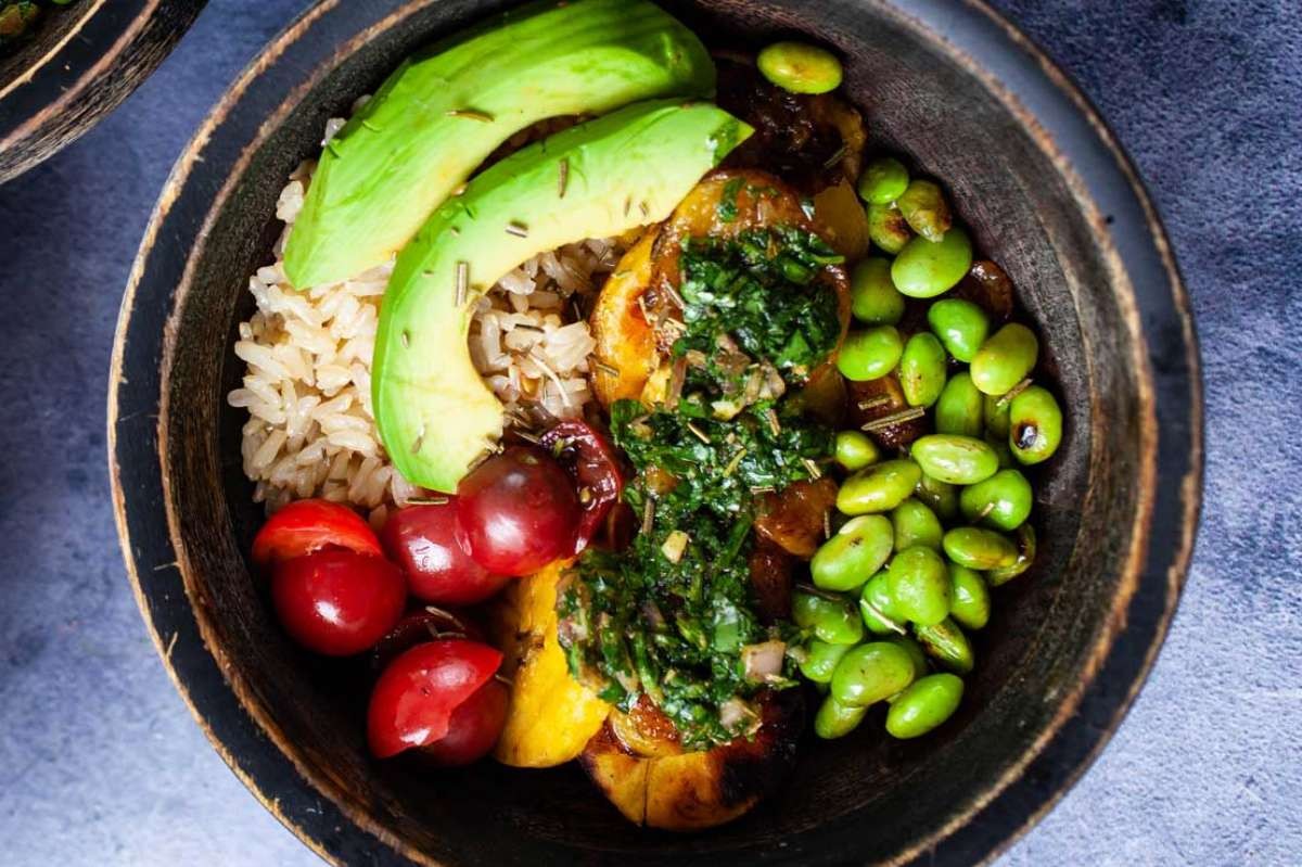 Avocado Plantain Rice Bowl Recipe With Edamame Beans
