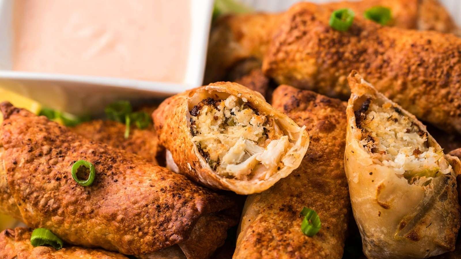 Air Fryer Crab Cake Egg Rolls with Fire Sauce