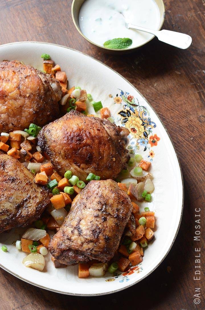 Jerk Roasted Chicken Thighs and Sweet Potato Dinner with Creamy Honey-Jalapeno Sauce {Paleo}