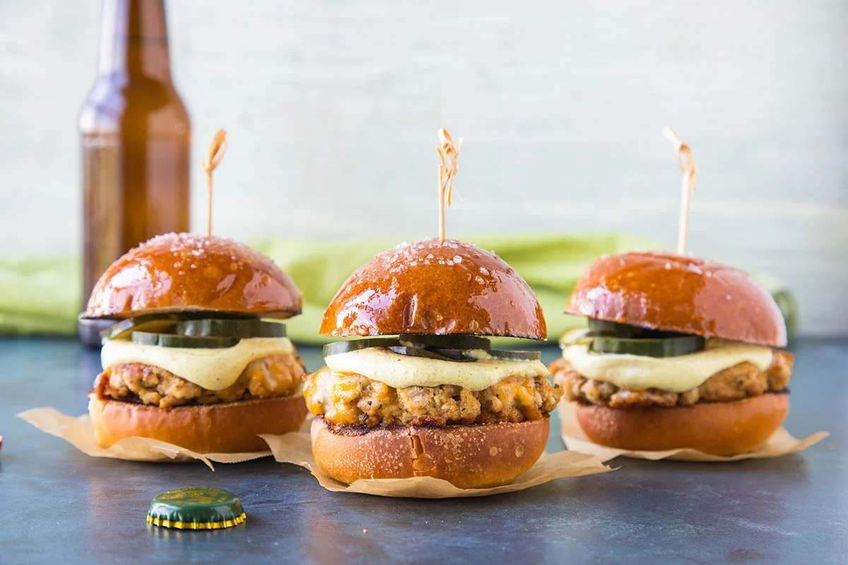 Ground Pork Sliders With Mustard Cream And Quick Pickled Cucumbers
