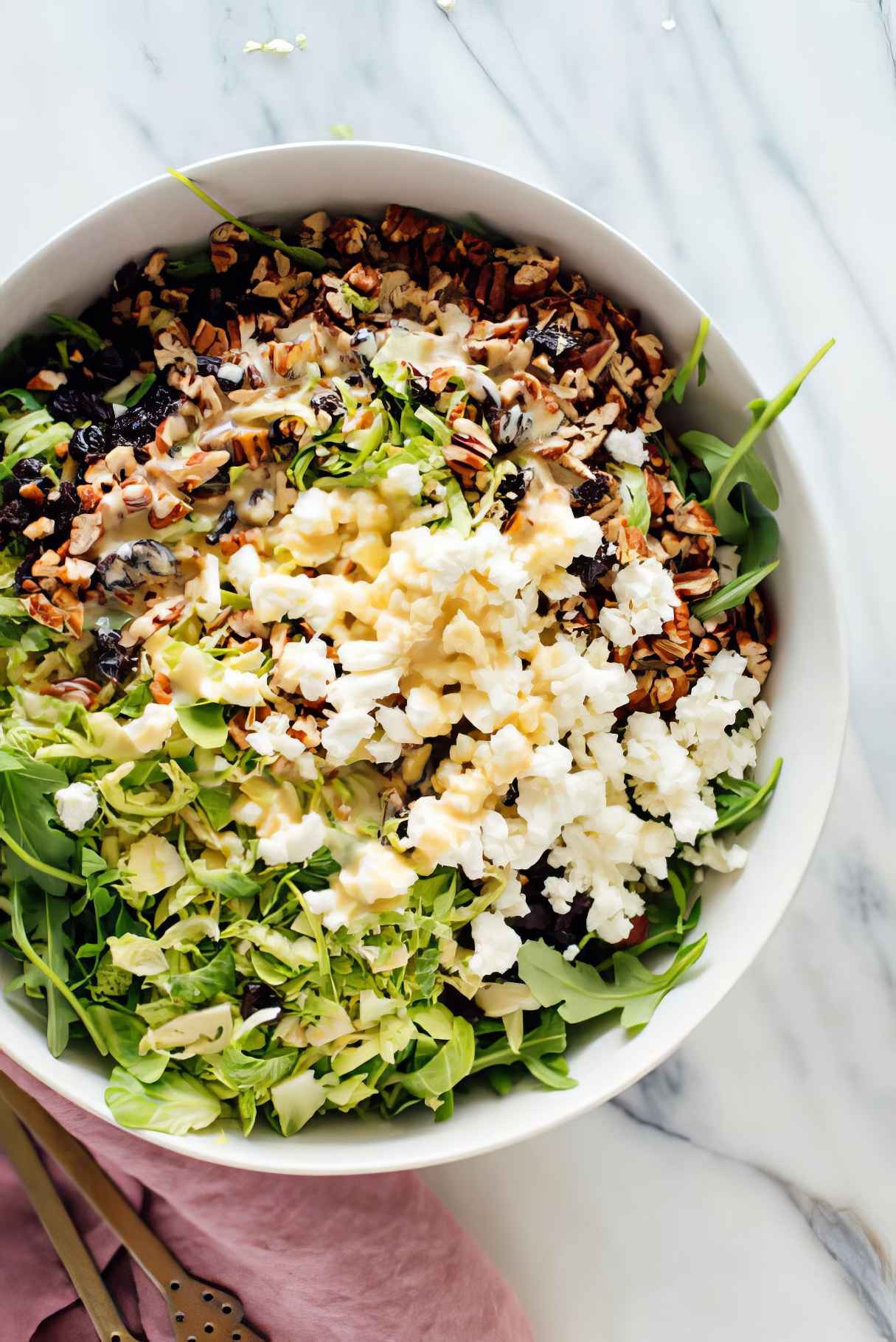 Shredded Brussels Sprouts & Arugula Healthy Fall Salad with Sunshine Dressing