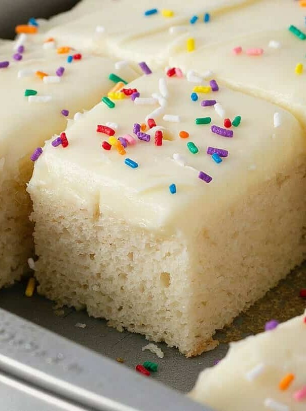 Moist Vanilla Sheet Cake with Cheesecake Frosting
