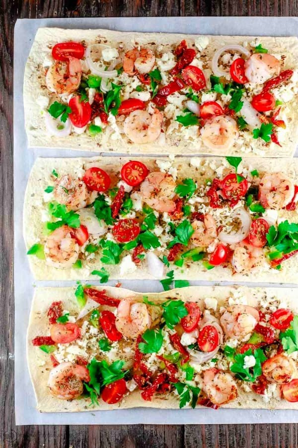 Shrimp Mediterranean Flatbread Pizza Delight