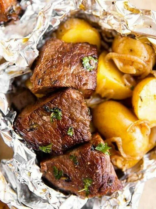 Steak & Potato Foil Packets with Garlic Butter