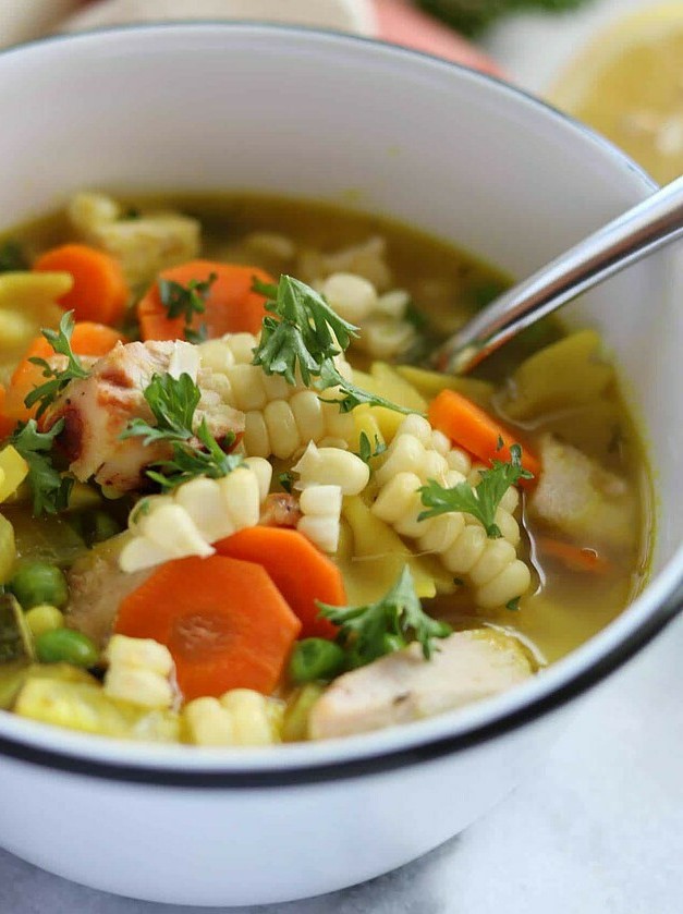Summer Lemon Chicken Soup with Grilled Flavor