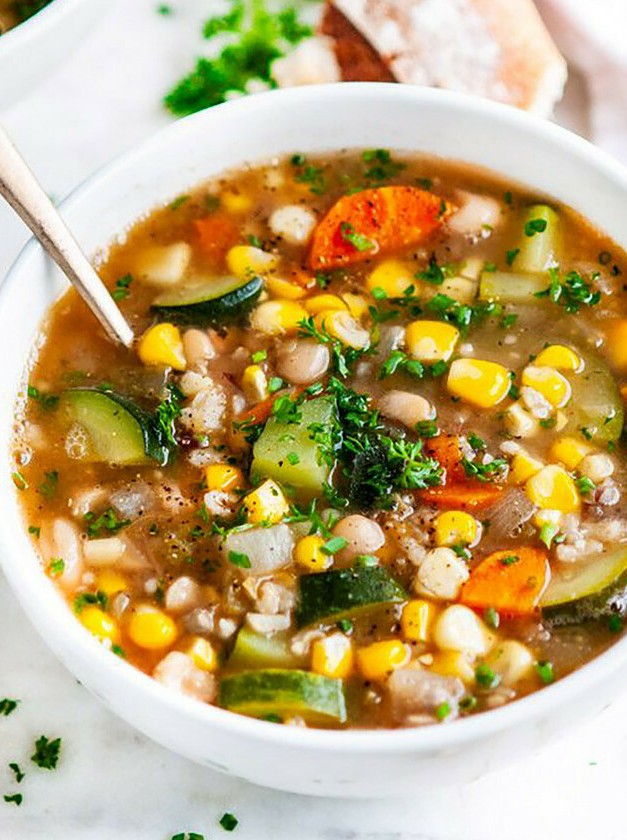 Summer Corn Bean Soup with Zucchini Twist