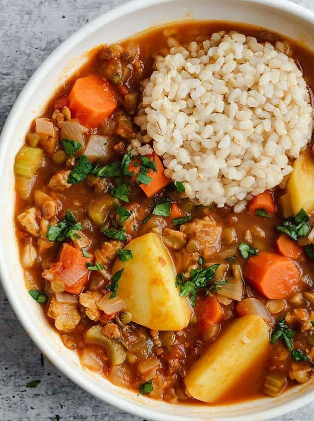 Tempeh Lentil Stew with Crispy Potatoes
