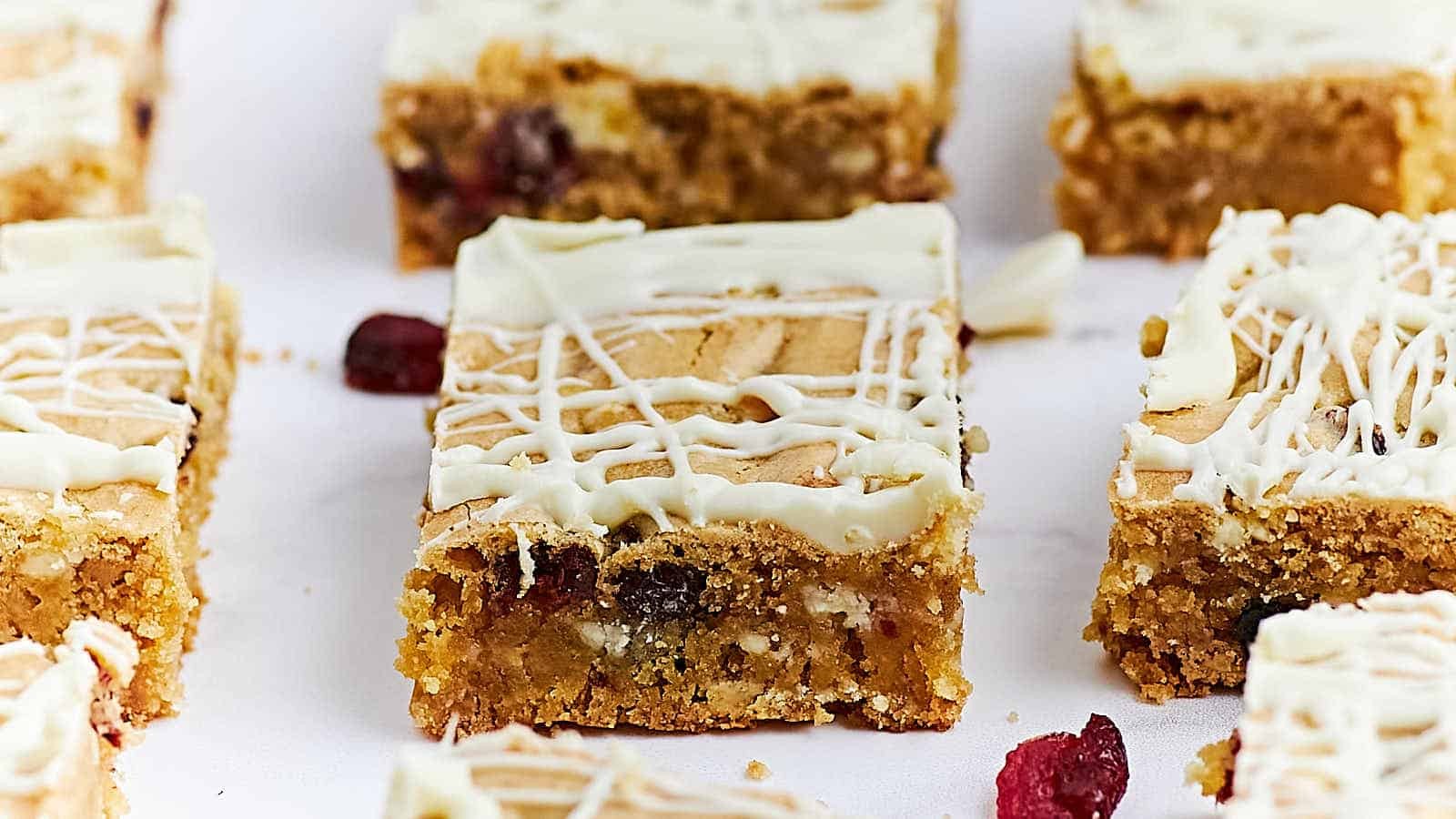 Cranberry Blondies with White Chocolate Swirl
