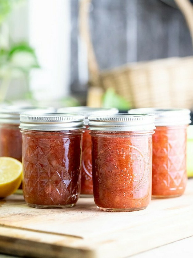 Strawberry Rhubarb Jam with Less Sugar