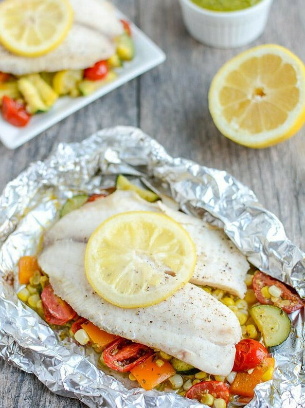 Pesto Topped Tilapia in Foil Grill Packets