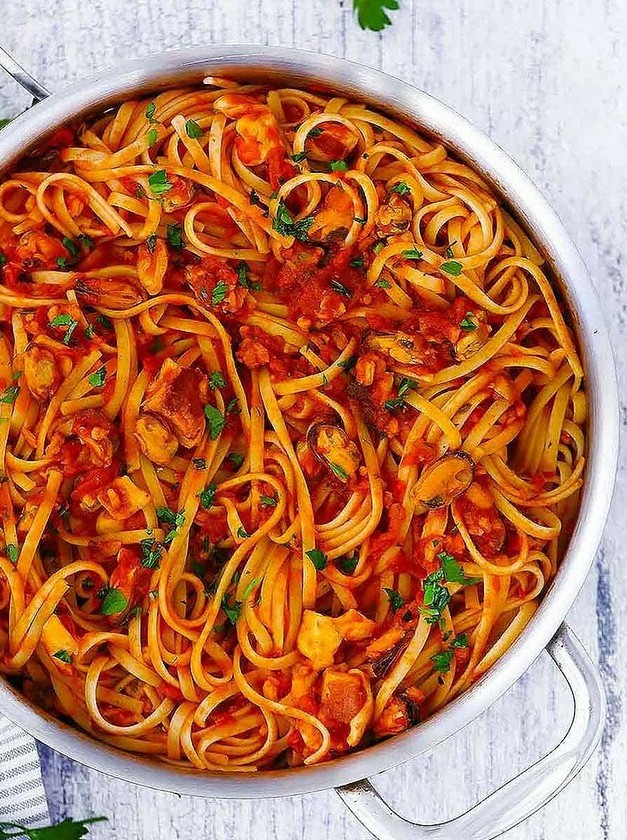 Spicy Seafood Linguine in Red Sauce