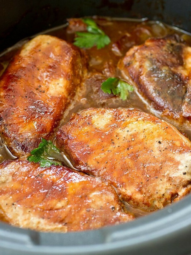 Slow Cooker BBQ Pork Chops with Caramelized Onions