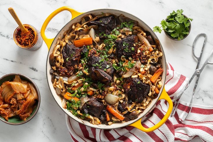 Braised Short Ribs with Crispy Noodle Topping