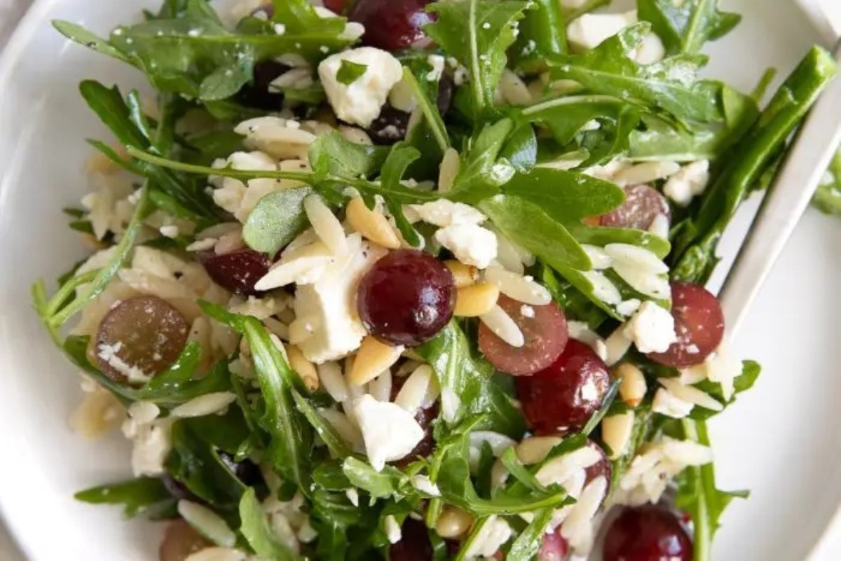 Grapey Orzo Salad with Crumbly Feta and Greens