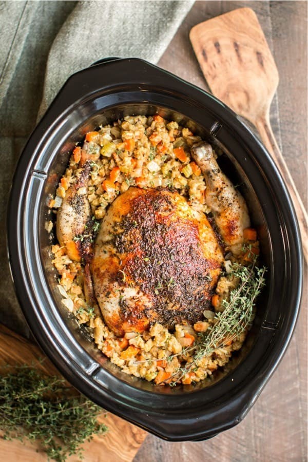 Easy Whole Chicken and Stuffing in Crockpot