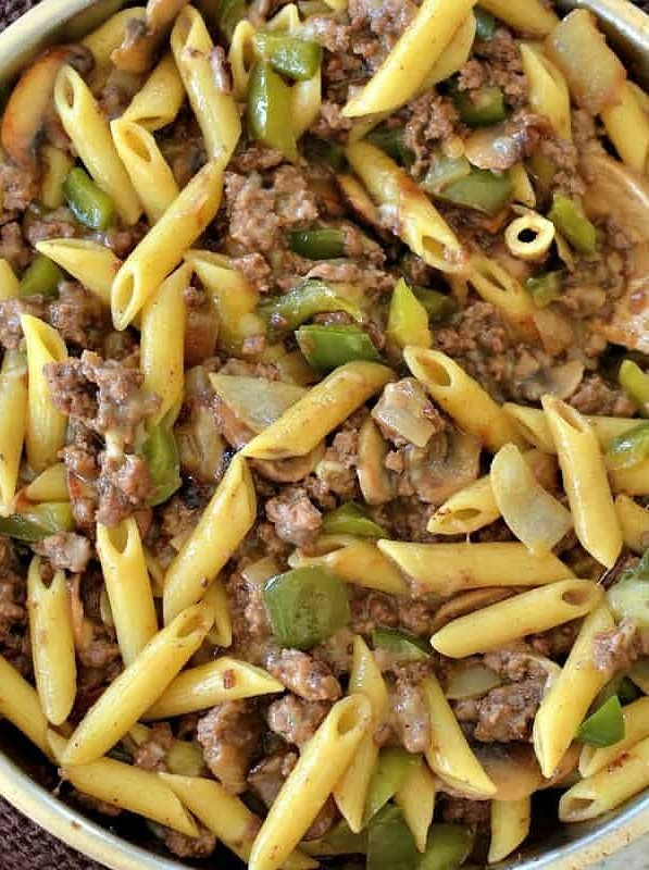 Cheesesteak Pasta with Ground Beef & Provolone