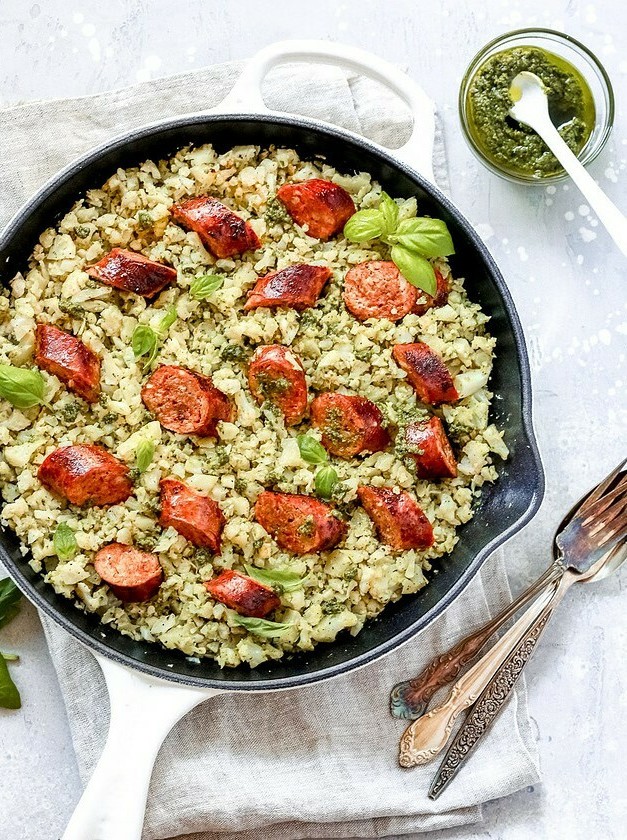 Sausage Pesto Cauliflower Skillet Delight