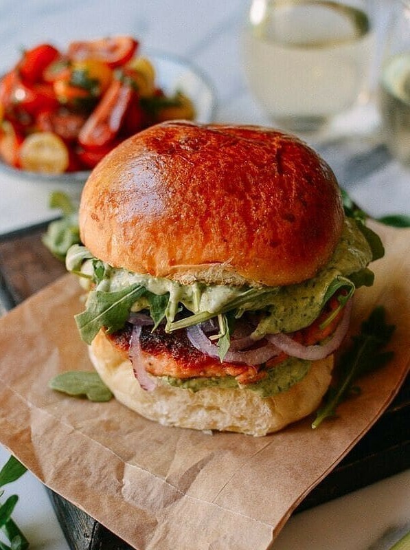 Salmon Burgers with Green Goddess Twist