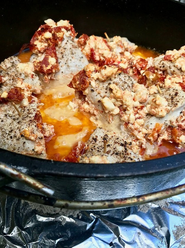Dutch Oven Sun-dried Tomato & Feta Stuffed Chicken Breasts