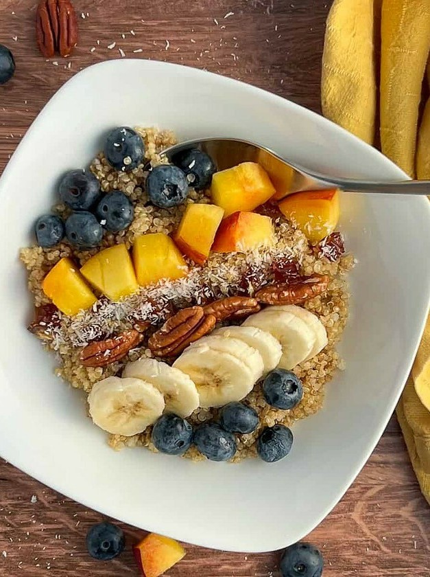 Quinoa Fruit Breakfast Bowl with Crunchy Toppings