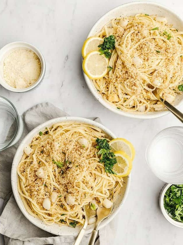 Scallop Linguine with Garlic Butter Crunch