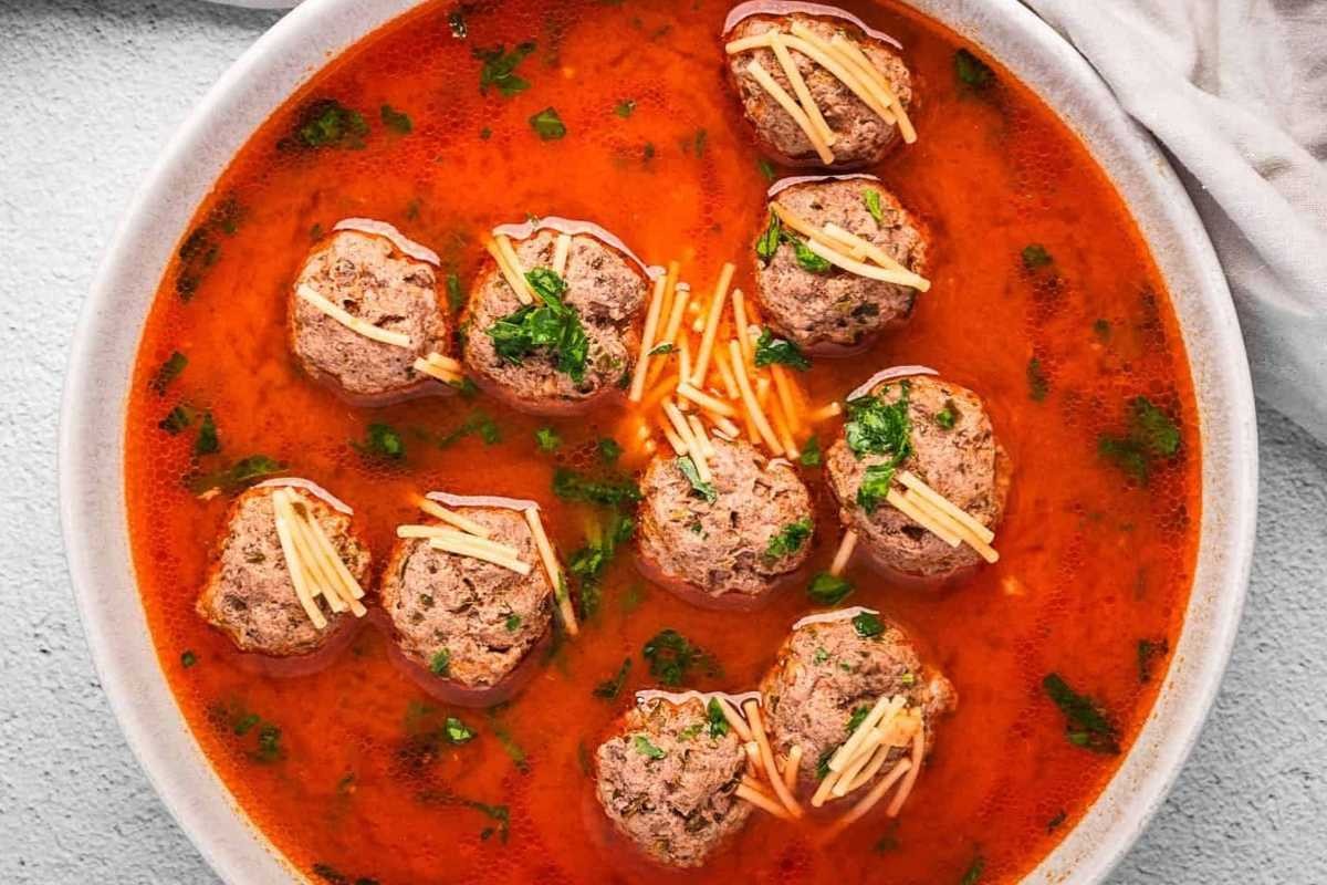 Kofta Meatball Noodle Soup with Tomato Broth