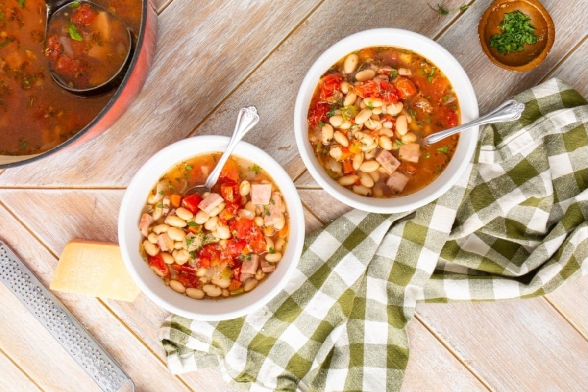 Hearty Navy Bean Ham Stew in a Crock