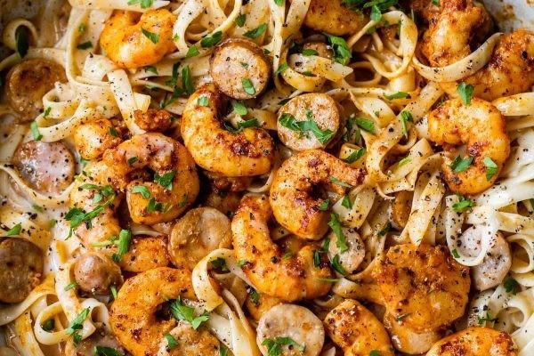 Blackened Shrimp Alfredo with Andouille Twist