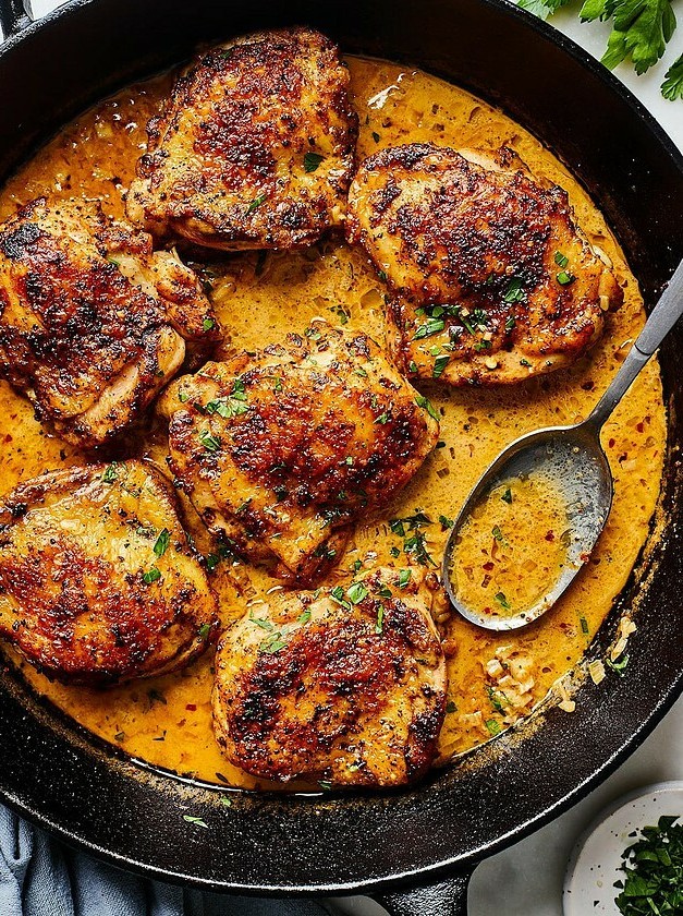 Quick Cast Iron Chicken with Garlic Cream