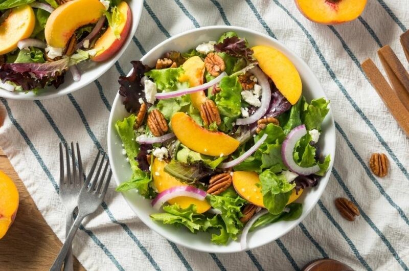Peach Salad with Grilled Basil Chicken and White Balsamic-Honey Vinaigrette