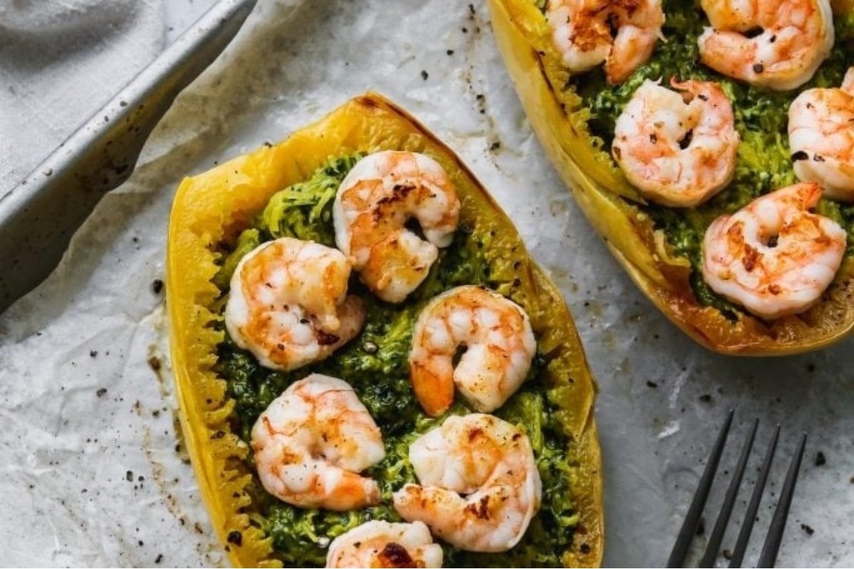 Shrimp Pesto Delight in Spaghetti Squash