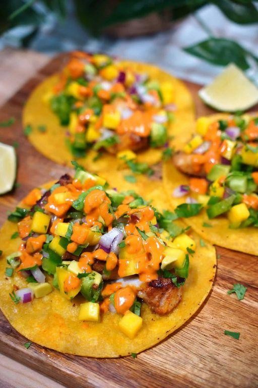 Adobo Marinated Fish Tacos with Mango Salsa