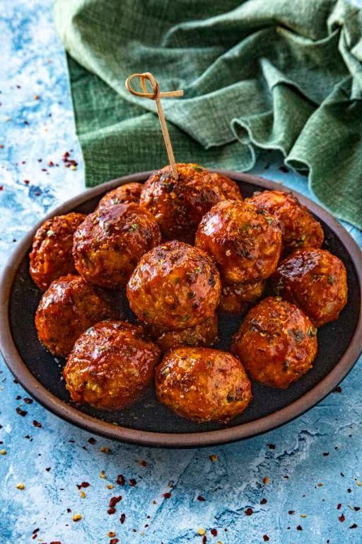 Adobo-Glazed Meatballs with Sriracha Drizzle