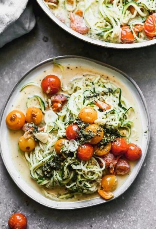 Air Fryer Zucchini Noodles with Pesto and Cherry Tomatoes