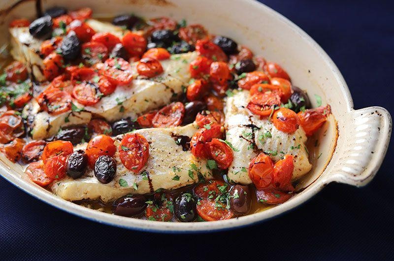 Baked Dogfish with Tomatoes and Olives