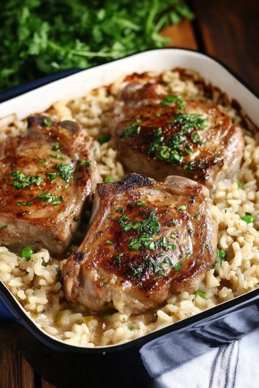 Baked Pork Chops with Mushroom Soup and Rice Casserole