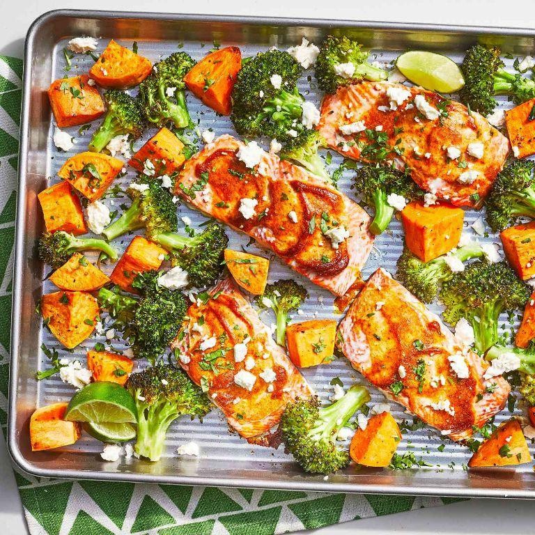 Baked Salmon with Broccoli and Sweet Potatoes