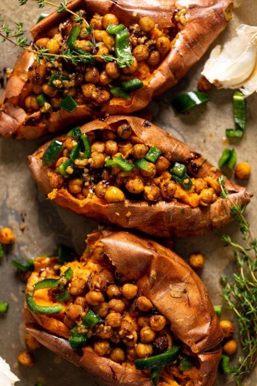 Baked Sweet Potatoes with Spicy Chickpeas