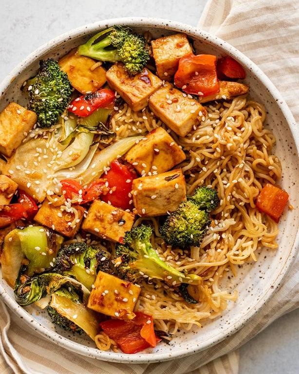 Balsamic Glazed Tofu with Rice Noodle Vegetable Stir Fry