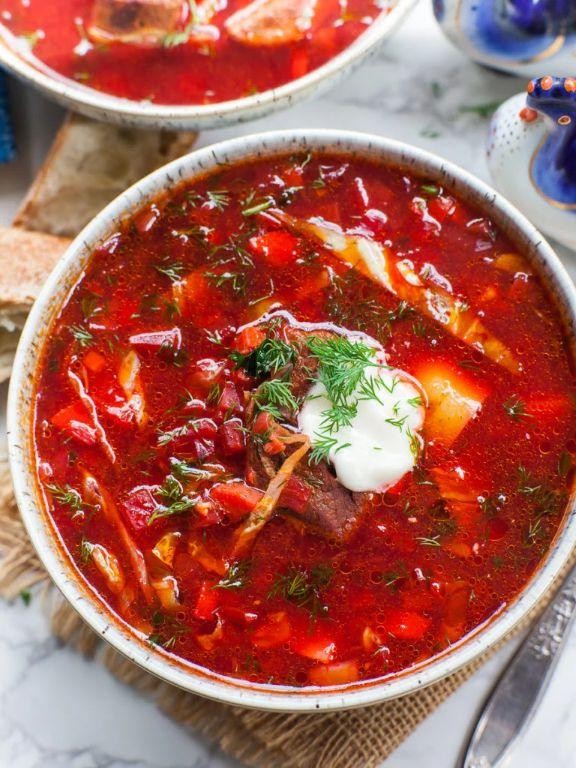 Beef and Beet Borscht with Sour Cream