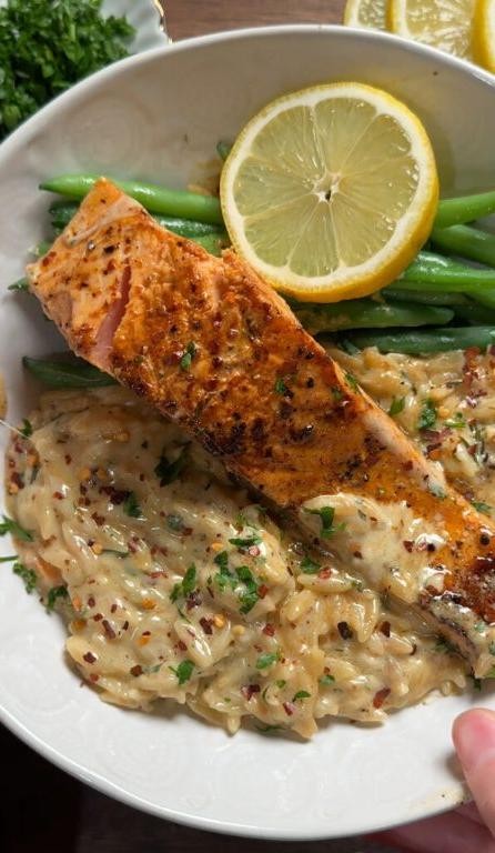 Blackened Salmon and Garlic Lemon Orzo