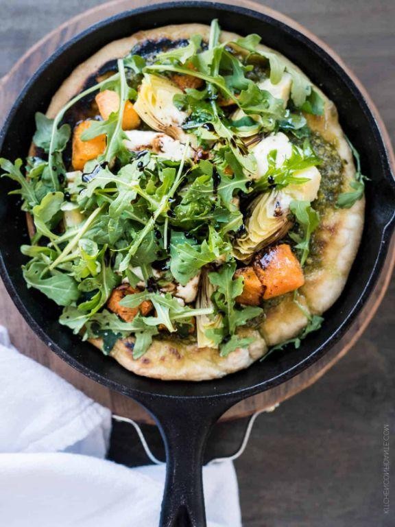 Breakfast Flatbread with Pesto and Goat Cheese