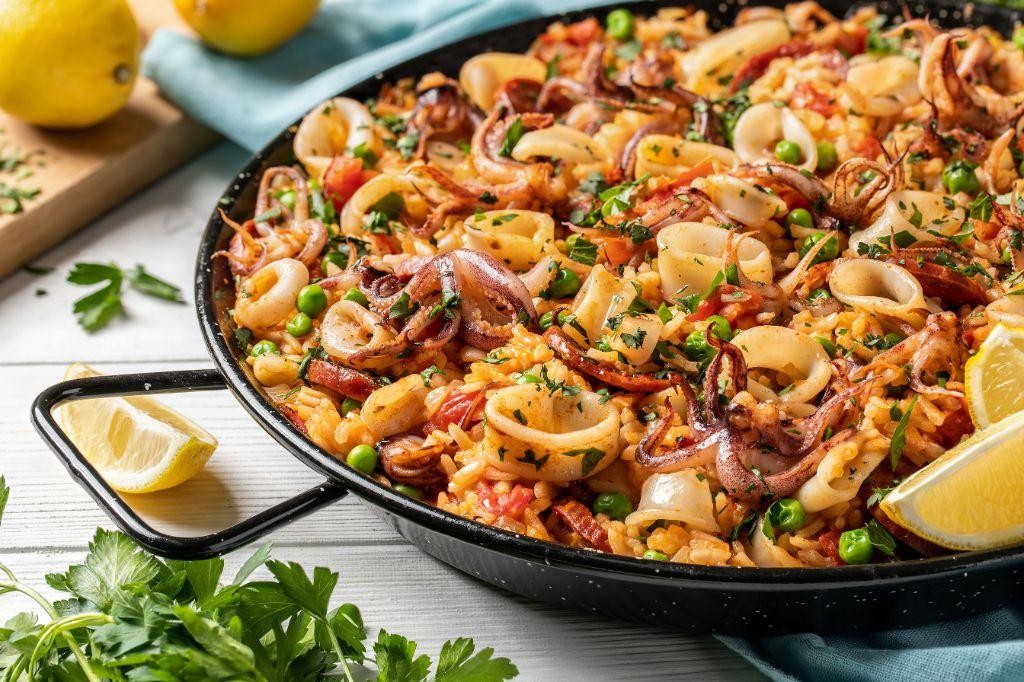 Calamari Paella with Saffron and Seafood