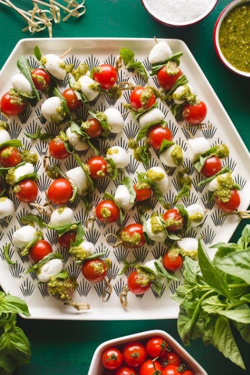 Caprese Antipasto Skewers with Basil Pesto Drizzle
