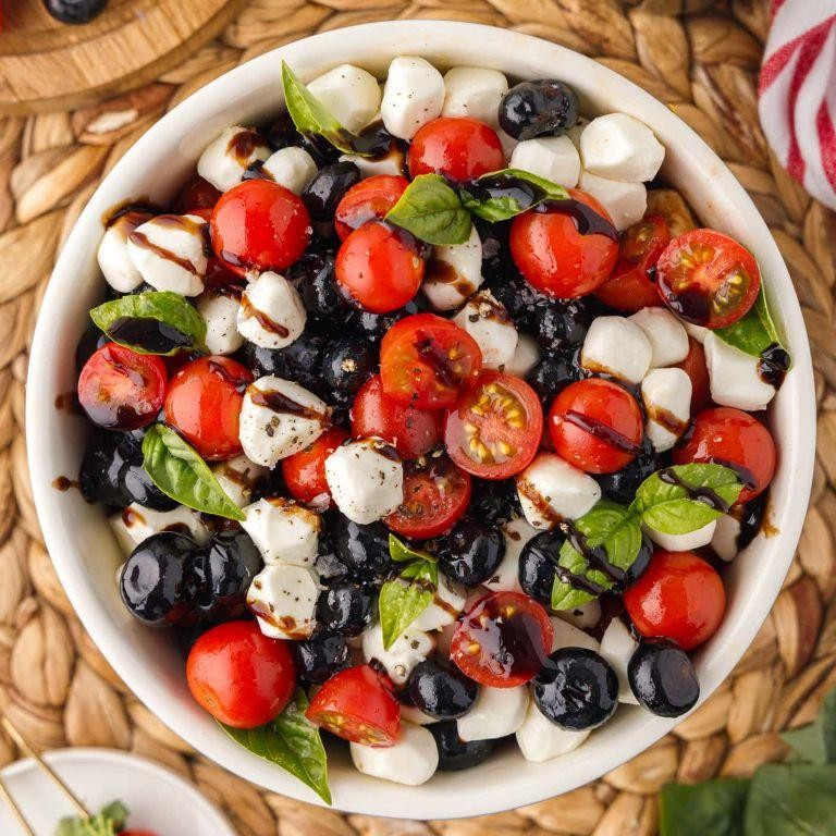 Caprese Salad with Red, White, and Blue Tomatoes