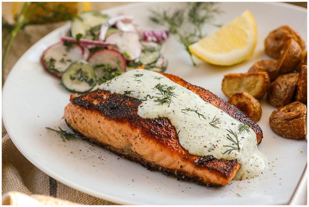 Cast Iron Pan Seared Salmon with Dill Sauce