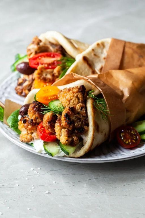Cauliflower Gyros with Red Pepper Sauce