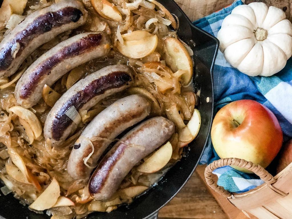 Cheddar Brats with Caramelized Apples